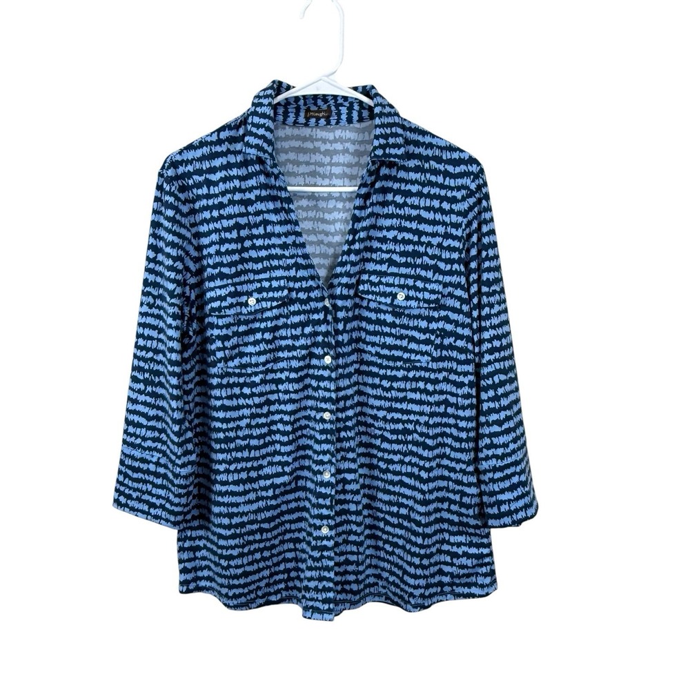 J McLaughlin Womens Sz L Brynn 3/4 Sleeve Point Collar Pocket Blue Top Pullover
